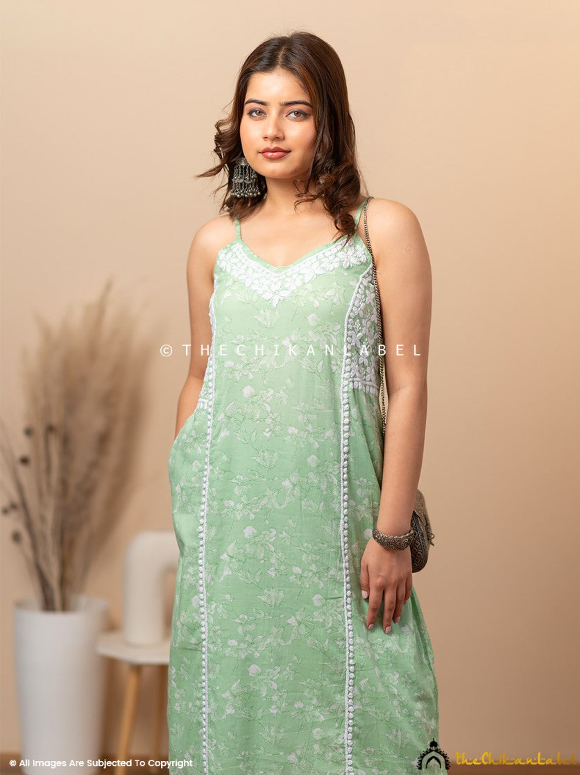 Green Fariha Cotton Chikankari Strappy Kurta Set ,Chikankari Strappy Kurta Set in Cotton Fabric For Woman