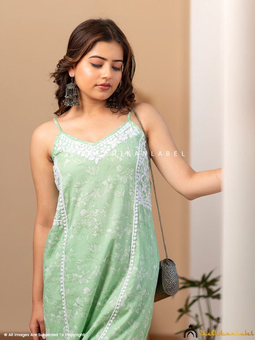 Green Fariha Cotton Chikankari Strappy Kurta Set ,Chikankari Strappy Kurta Set in Cotton Fabric For Woman