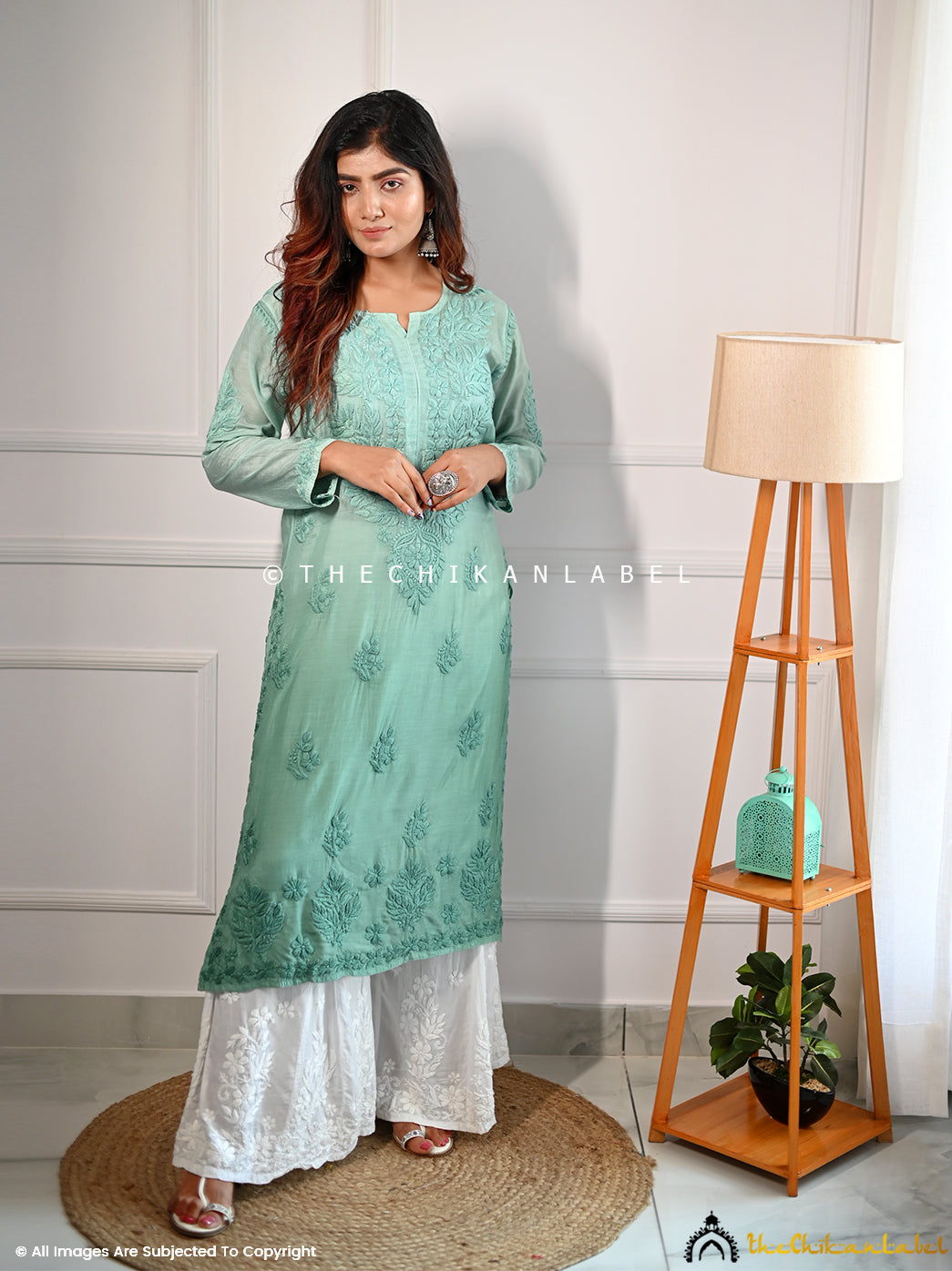Green Muslin Chikankari Straight Kurti