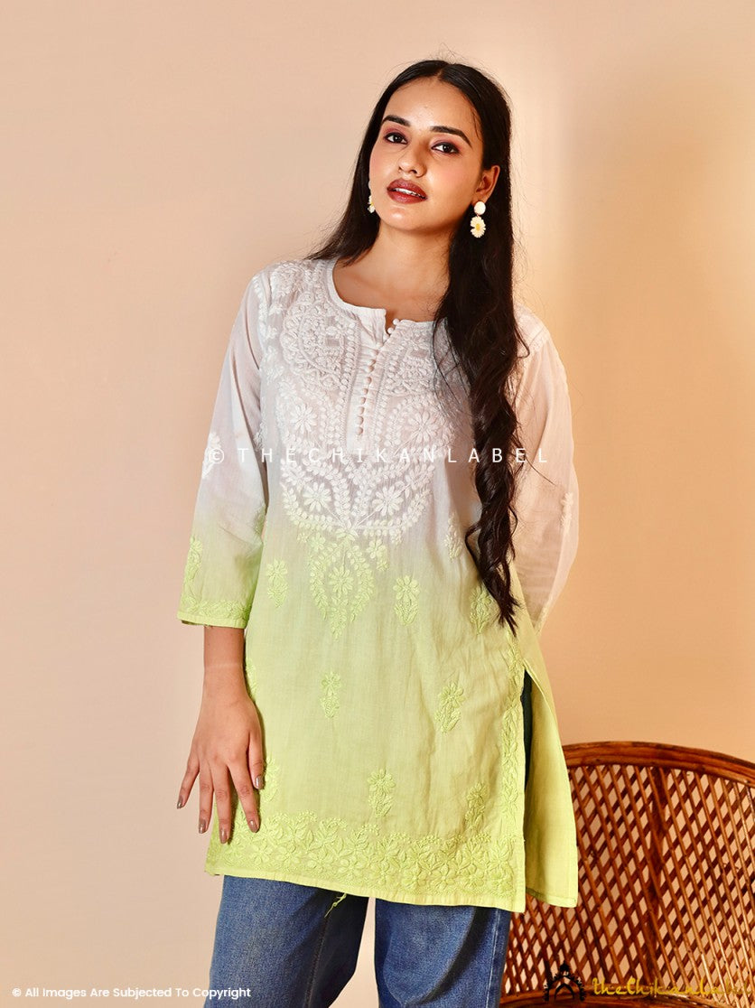 Green Ira Cotton Chikankari Short Kurti