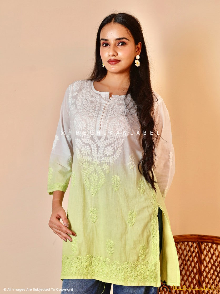 Green Ira Cotton Chikankari Short Kurti