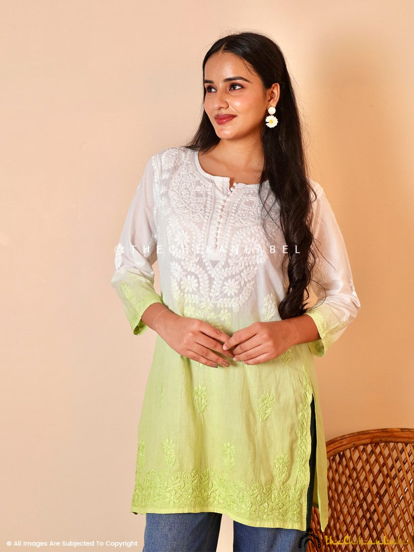 Green Ira Cotton Chikankari Short Kurti