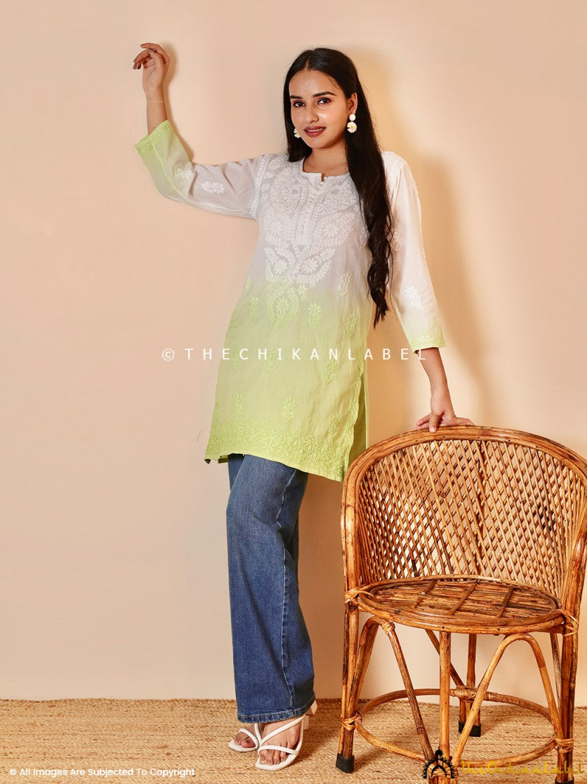 Green Ira Cotton Chikankari Short Kurti