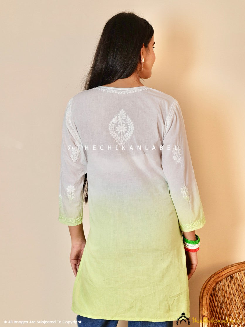 Green Ira Cotton Chikankari Short Kurti