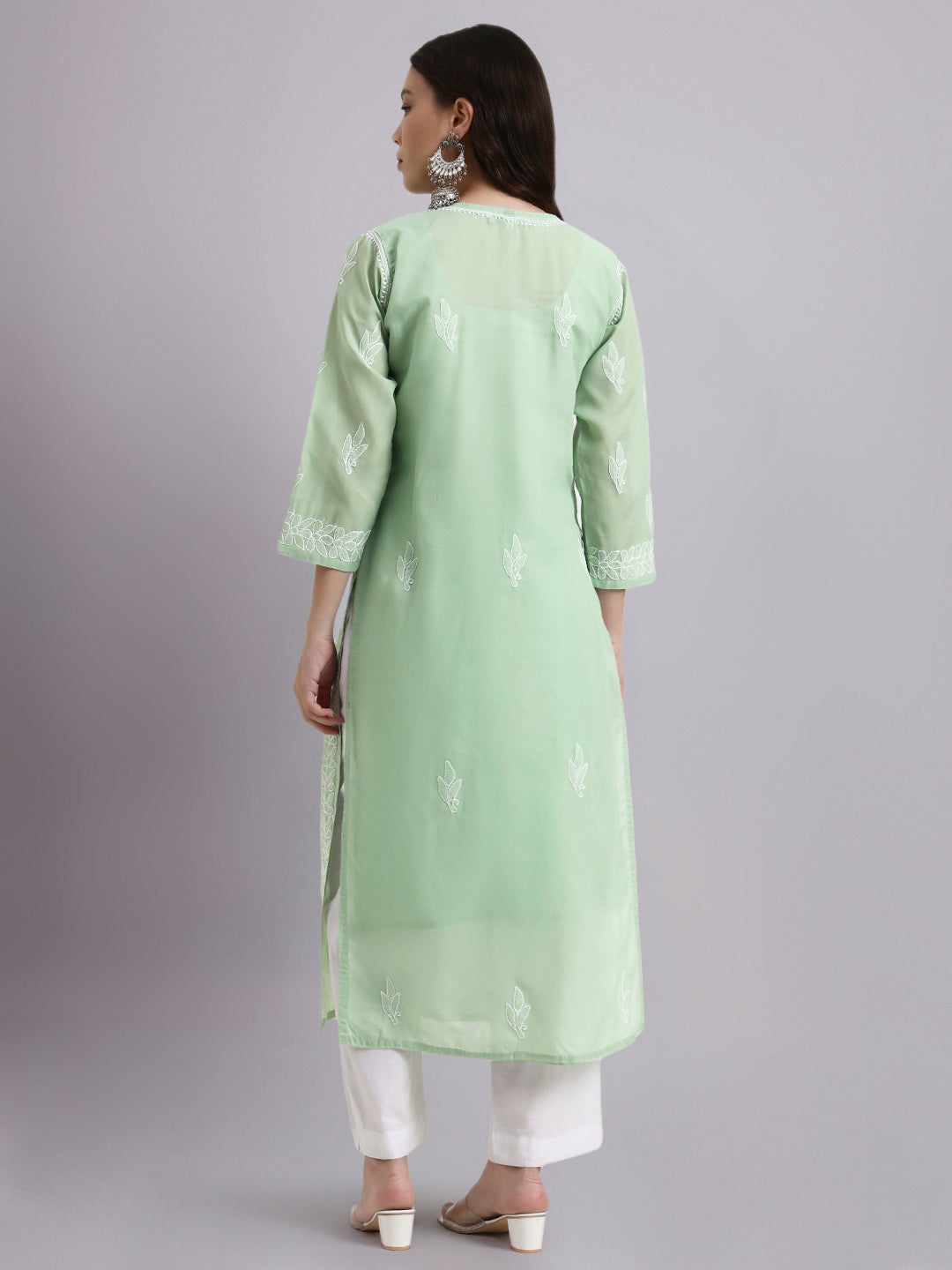 Green Layla Cotton Chikankari Straight Kurti with inner