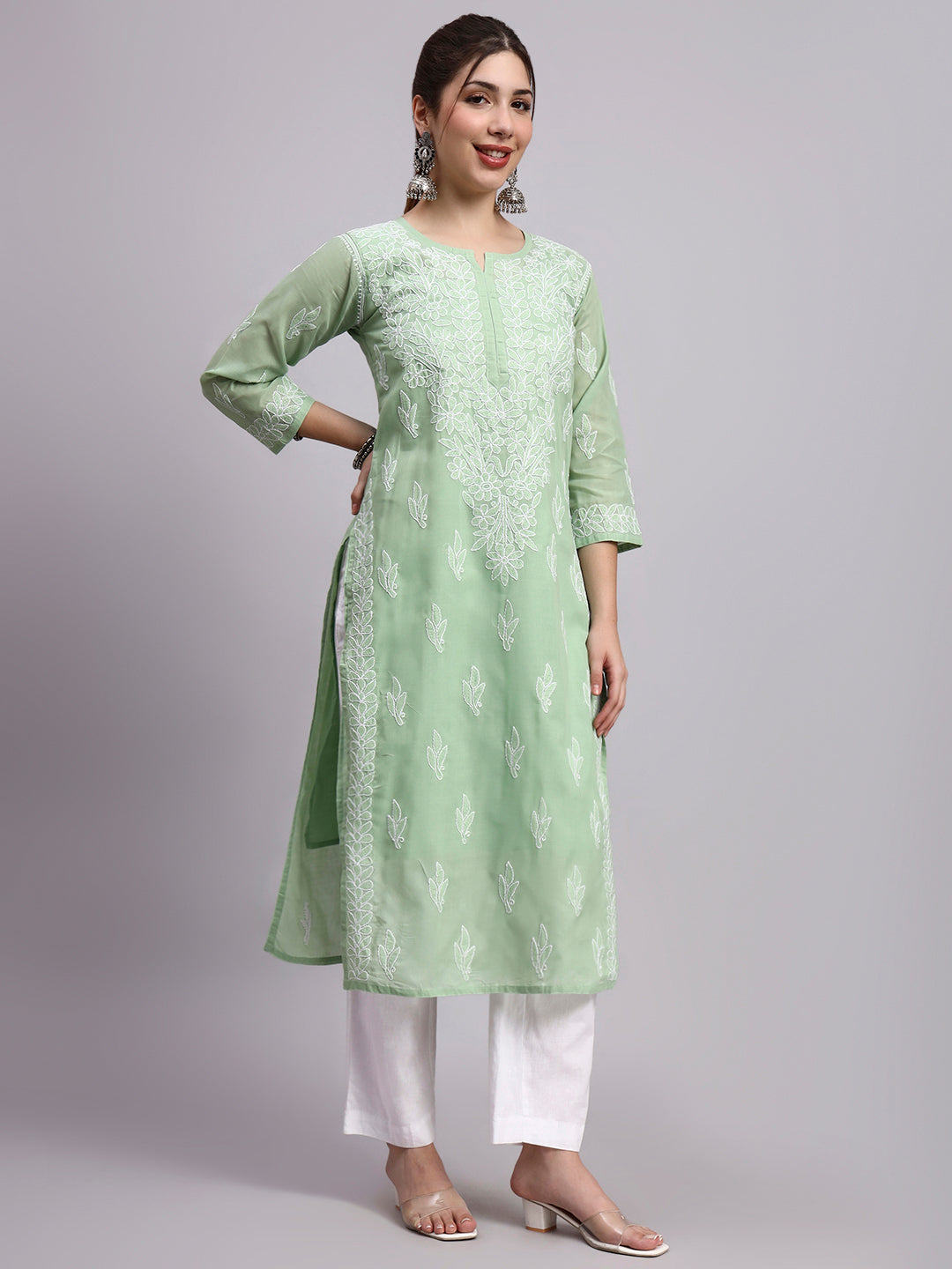 Green Layla Cotton Chikankari Straight Kurti with inner