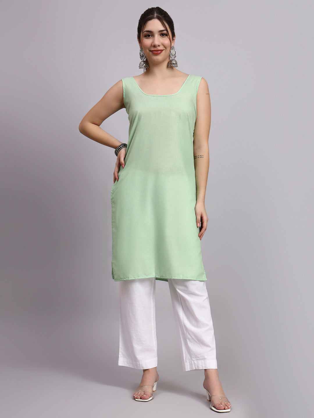 Green Layla Cotton Chikankari Straight Kurti with inner