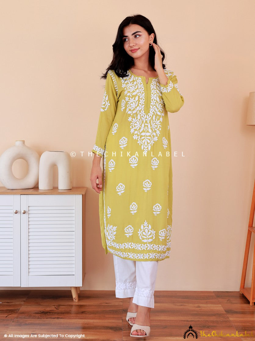 Green Mahika Modal Chikankari Straight Kurti ,Chikankari Straight Kurti in Modal fabric  For Woman