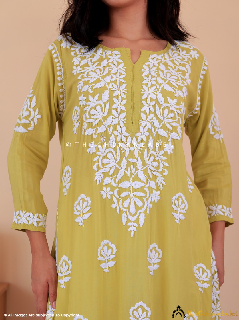 Green Mahika Modal Chikankari Straight Kurti ,Chikankari Straight Kurti in Modal fabric For Woman