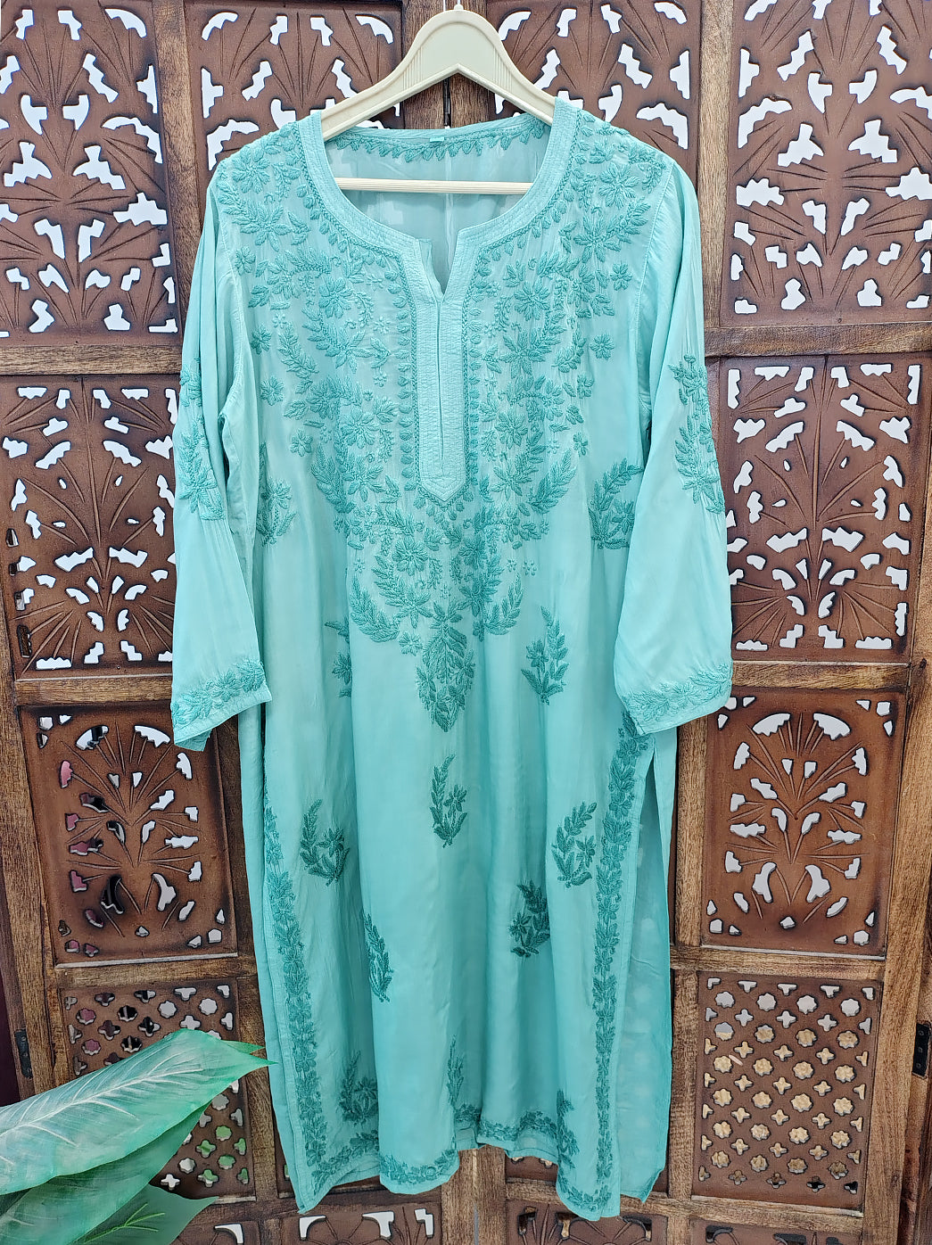 Green Modal Chikankari Straight Kurti