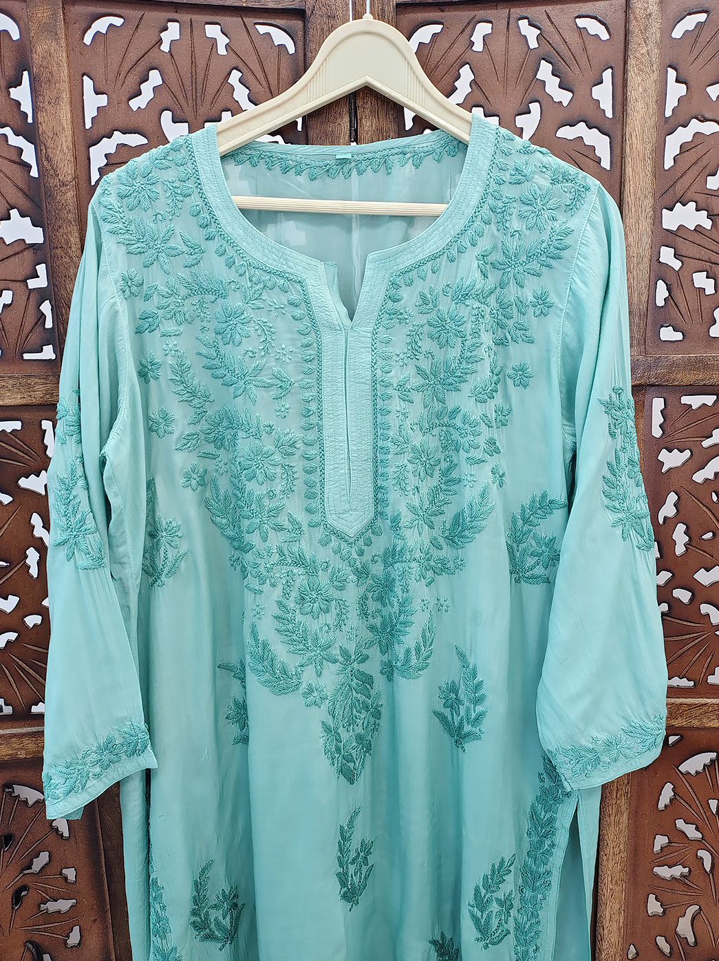 Green Modal Chikankari Straight Kurti