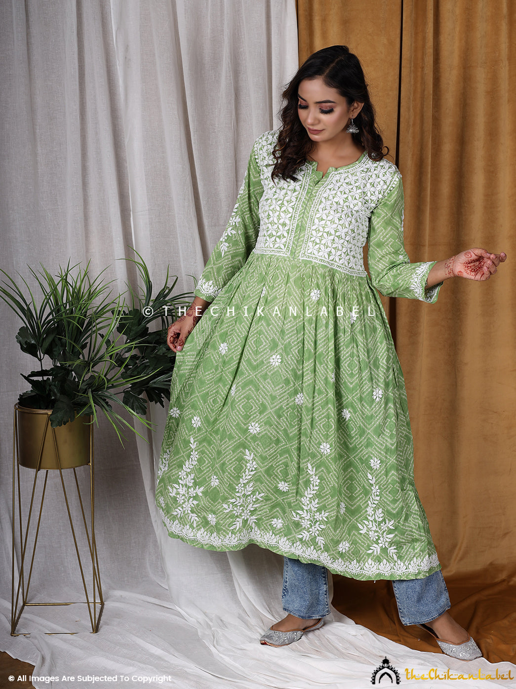 Green Mulmul Chikankari Anarkali Kurta