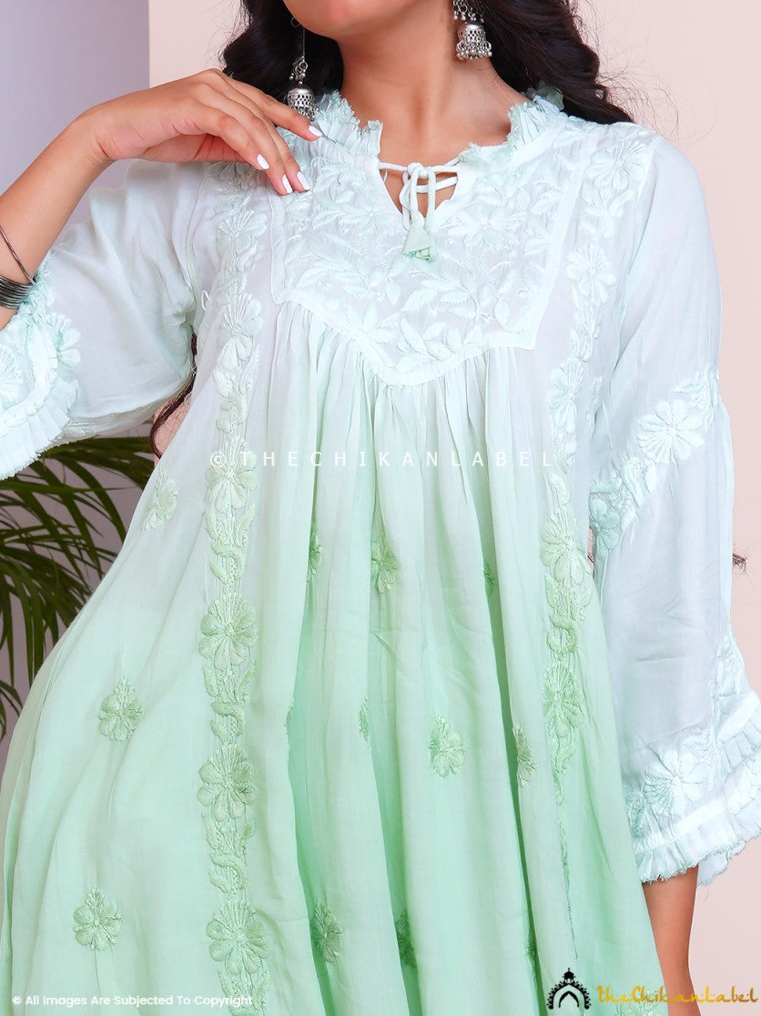 Green Zahrah Muslin Chikankari Jhalar Yok Anarkali ,Chikankari Jhalar Yok Anarkali in Muslin Fabric For Woman