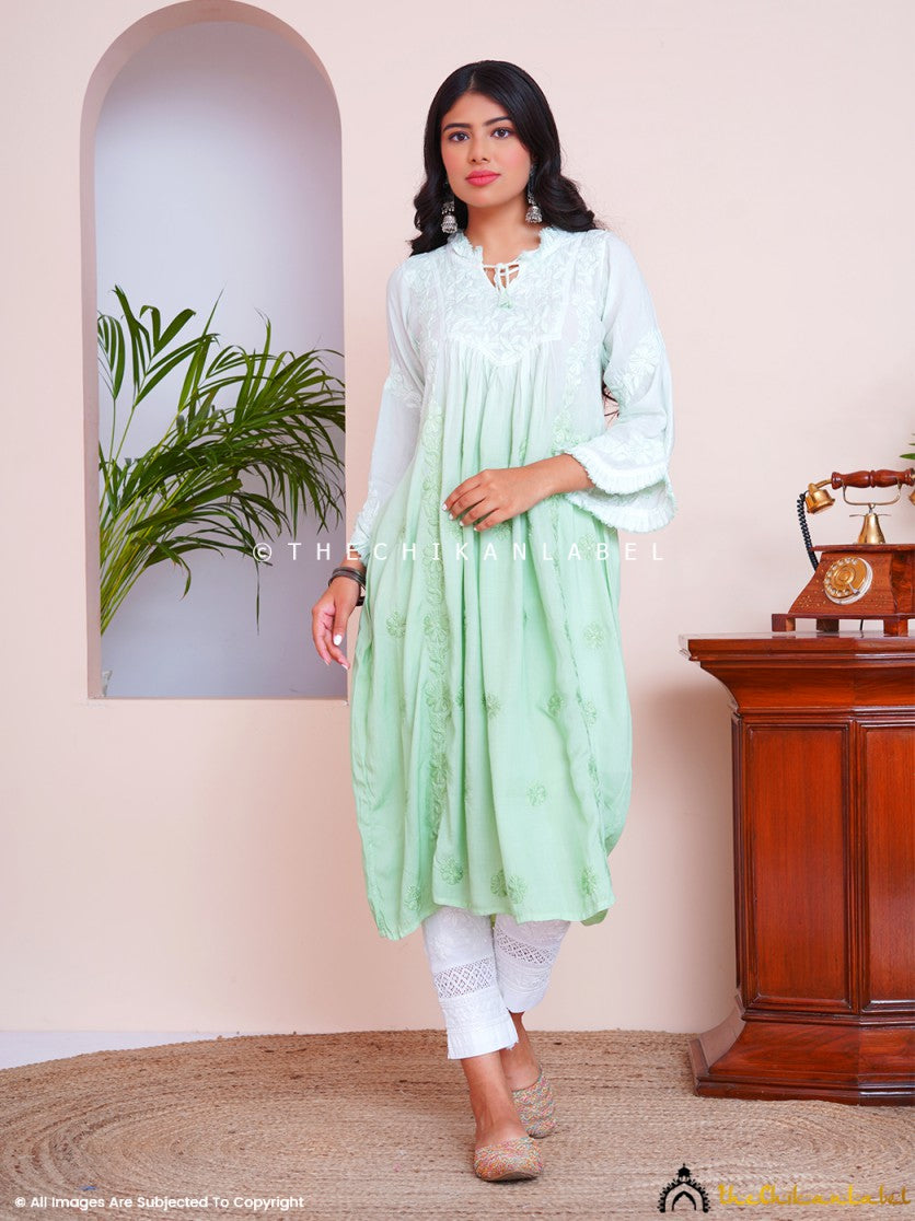 Green Zahrah Muslin Chikankari Jhalar Yok Anarkali ,Chikankari Jhalar Yok Anarkali in Muslin Fabric For Woman