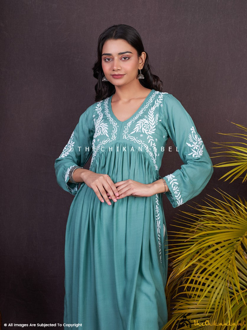 Green Nayra Modal Chikankari Anarkali Chikankari Anarkali in Modal fabric for Woman