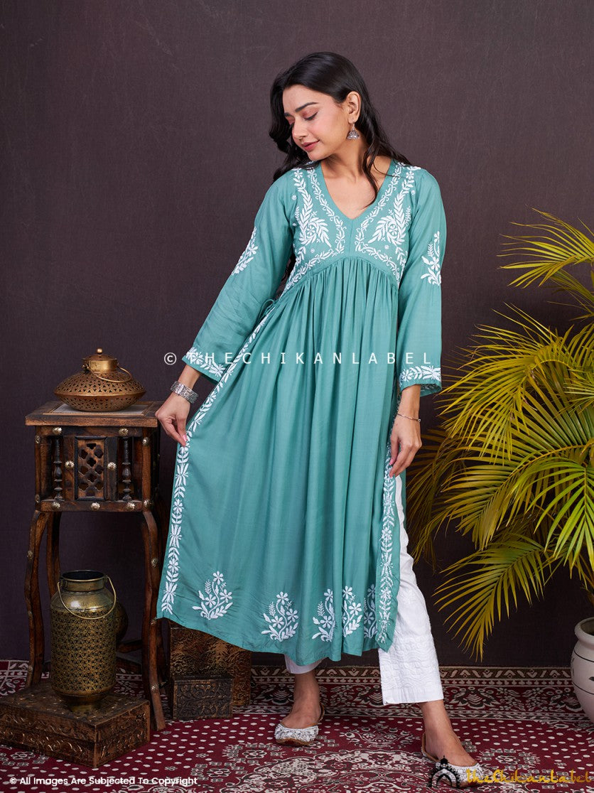 Green Nayra Modal Chikankari Anarkali Chikankari Anarkali in Modal fabric for Woman
