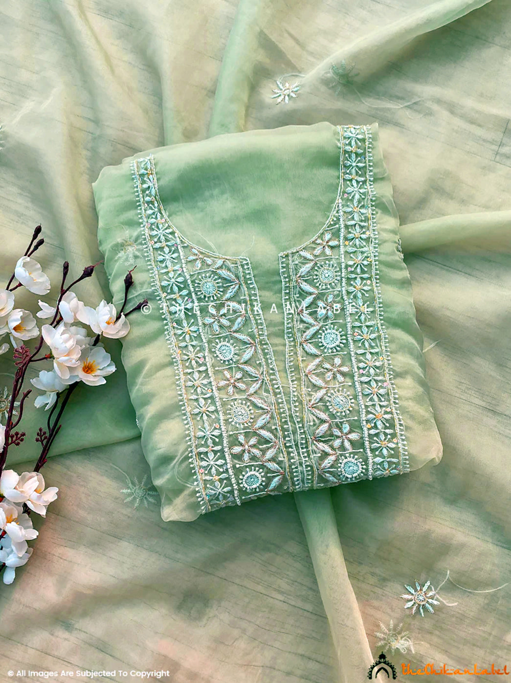 Nazrana Organza Chikankari Kurti Piece with Dupatta - Green