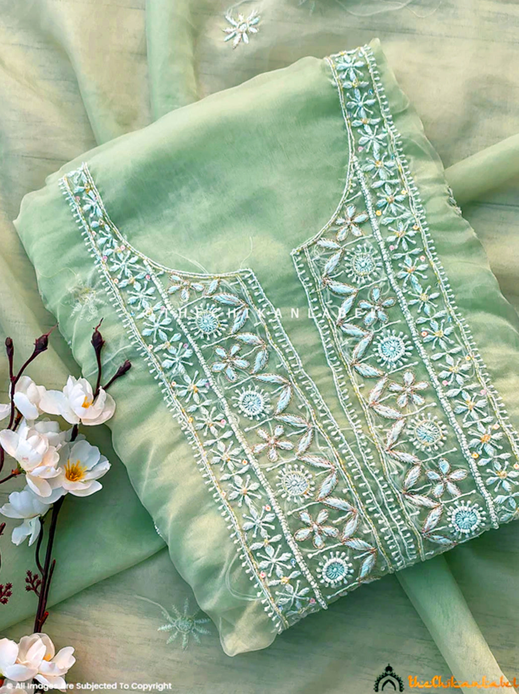 Nazrana Organza Chikankari Kurti Piece with Dupatta - Green