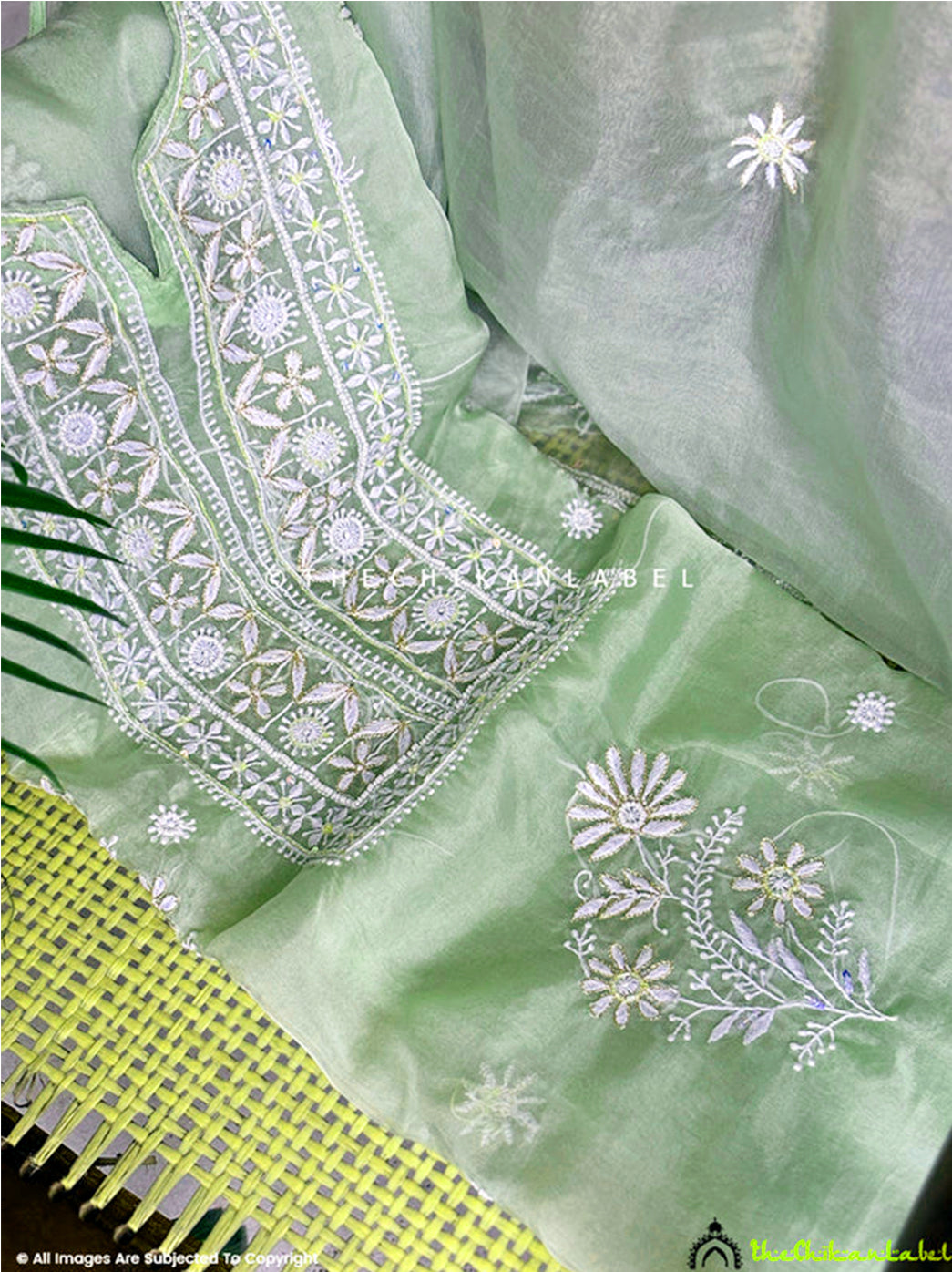 Nazrana Organza Chikankari Kurti Piece with Dupatta - Green