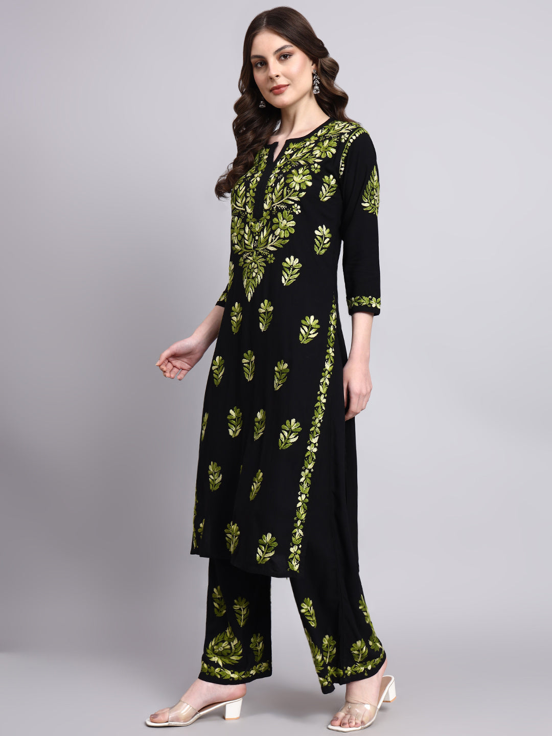 Trending chikankari salwar kameez style with Niya rayon chikankari kurta palazzo set crafted with traditional Lucknow embroidery