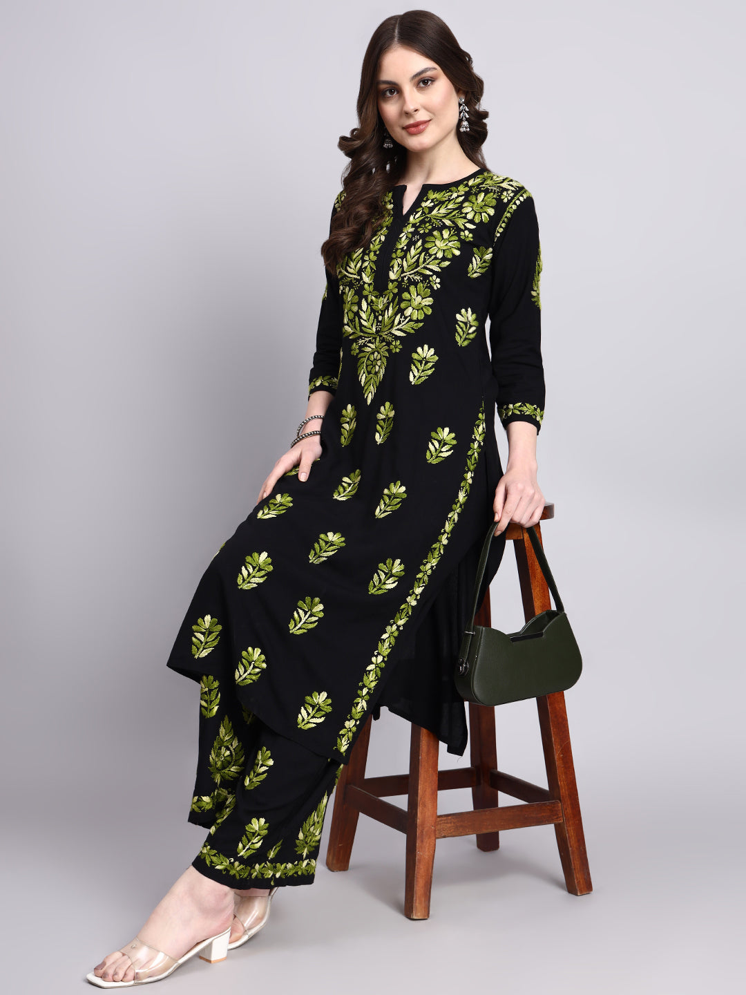 Detailed view of handcrafted chikankari embroidery on Niya rayon chikankari kurta palazzo set for elegant traditional wear