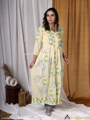 Green Mulmul Printed Chikankari Frock