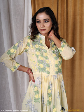 Green Mulmul Printed Chikankari Frock