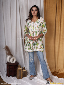 Green Cotton Printed Chikankari Tunic Top