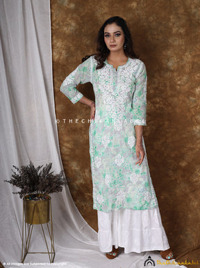 Green Printed Straight Chikankari Kurti
