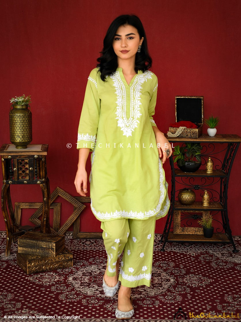 Green Rumi Organic Cotton Chikankari Kurta Set ,Chikankari Kurta Set in Organic Cotton Fabric For Woman