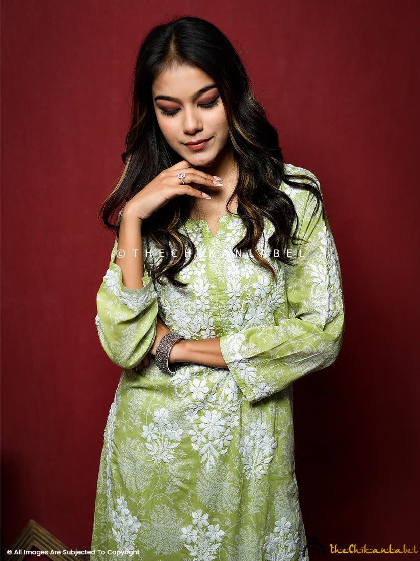 Green Saazi Mulmul Cotton Chikankari Kurta Set , Chikankari Kurta Set in Mulmul Cotton Fabric For Woman
