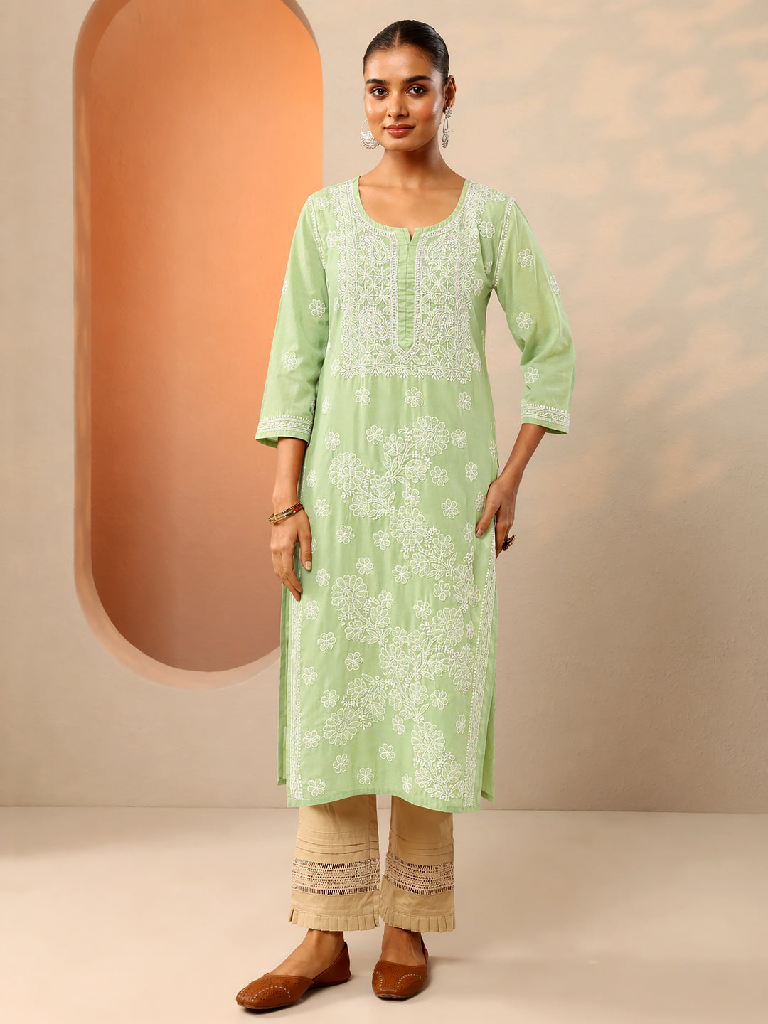 Trending kurta design with classic chikankari patterns crafted in breathable vira cotton fabric for daily use