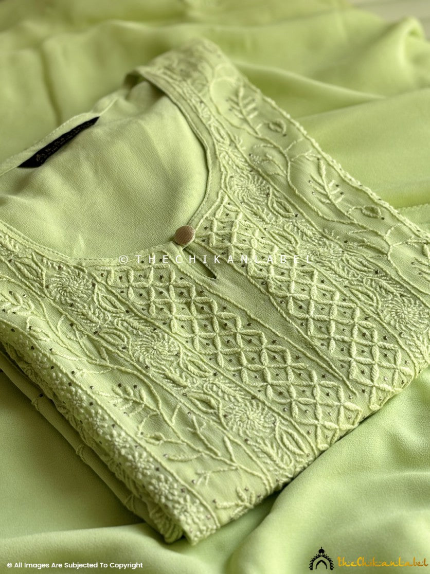 Green Viscose Mukaish Chikankari Straight Kurti with Dupatta