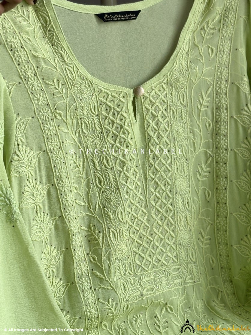 Green Viscose Mukaish Chikankari Straight Kurti with Dupatta