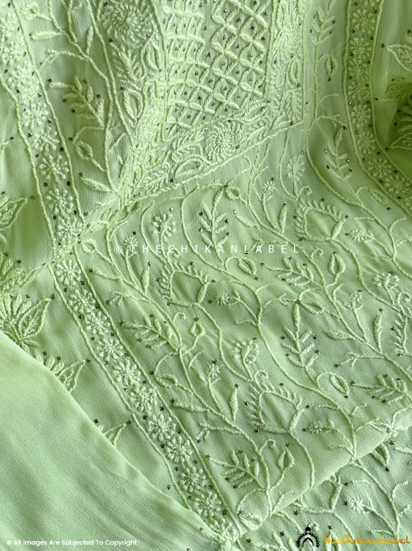 Green Viscose Mukaish Chikankari Straight Kurti with Dupatta