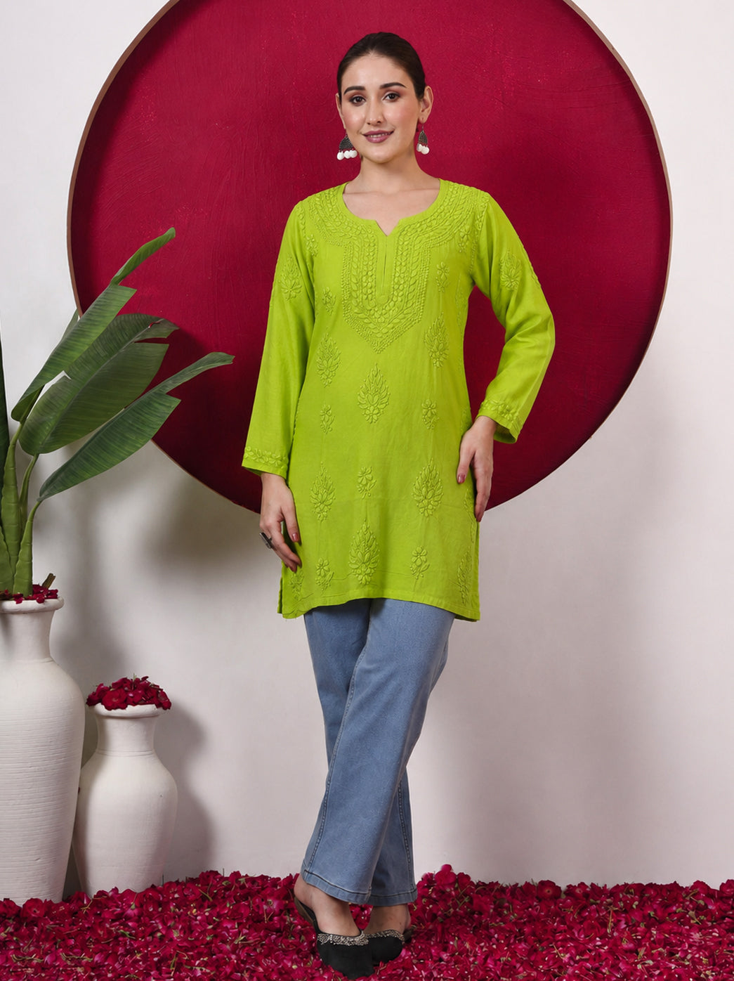Yashvi Rayon Chikankari Short Kurta - Green