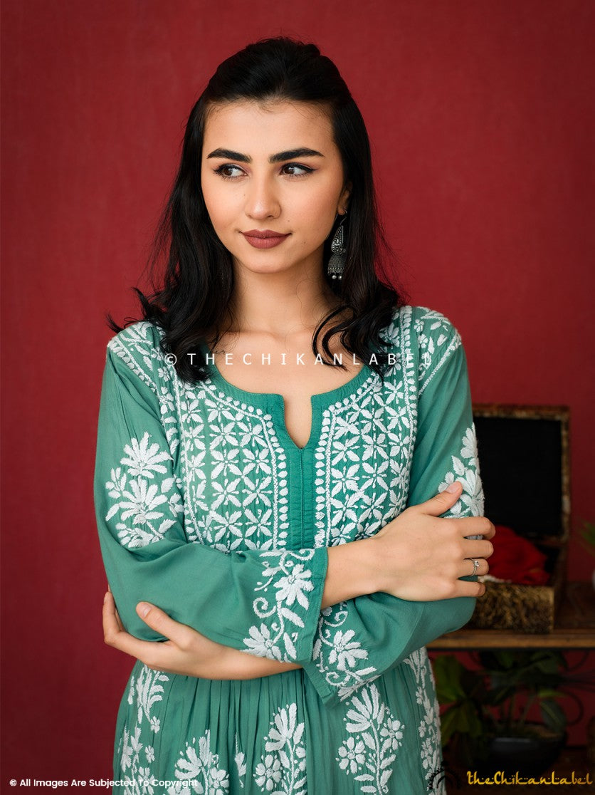 Green Zinia Modal Chikankari A-Line Kurti ,Chikankari A-Line Kurti in Modal Fabric for Woman