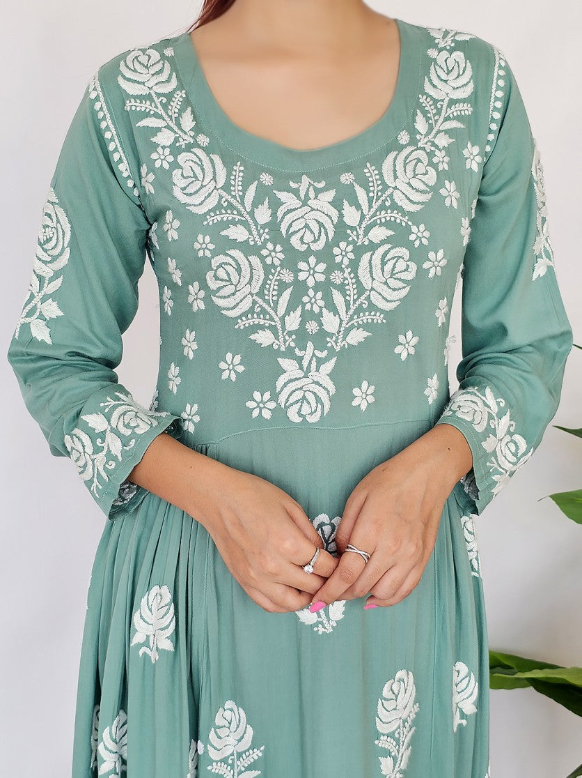 Green Ria Modal Chikankari Anarkali Kurta