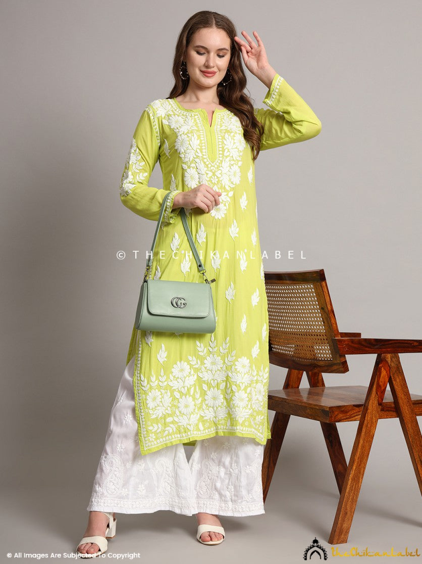 Green Sanaya Modal Chikankari Straight Kurti