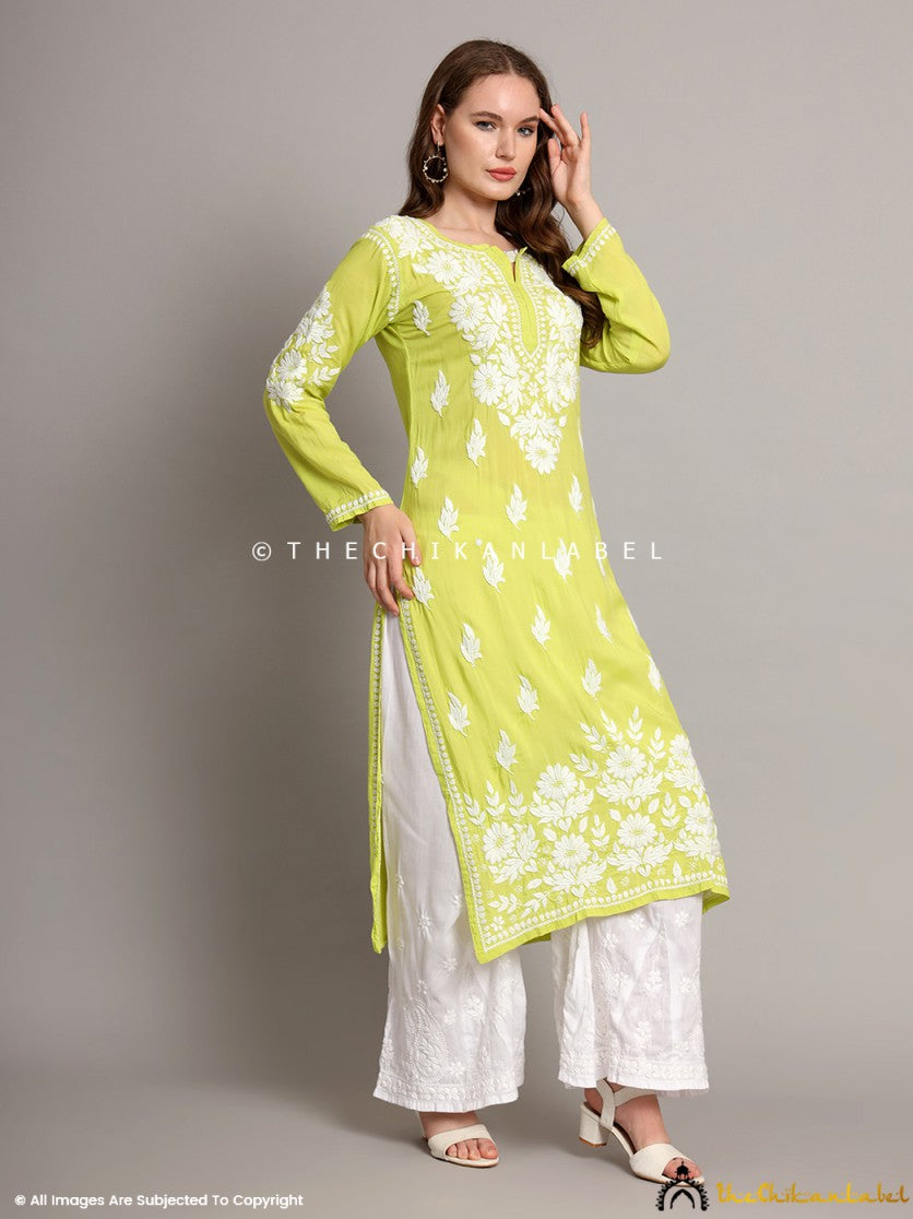 Green Sanaya Modal Chikankari Straight Kurti