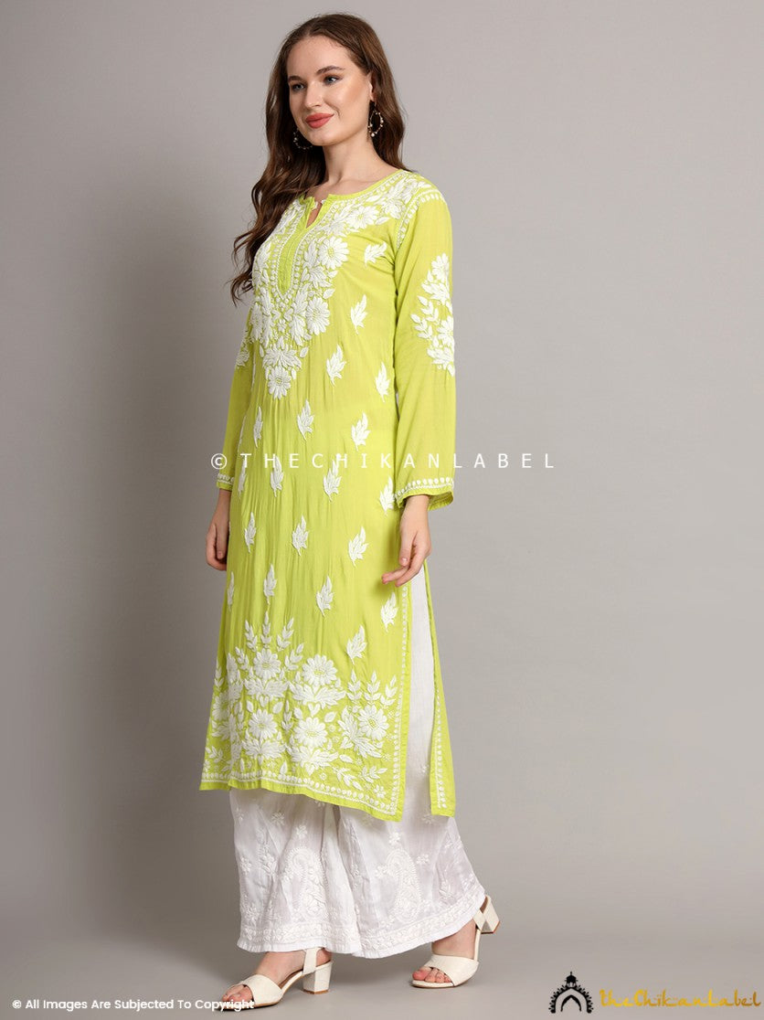 Green Sanaya Modal Chikankari Straight Kurti