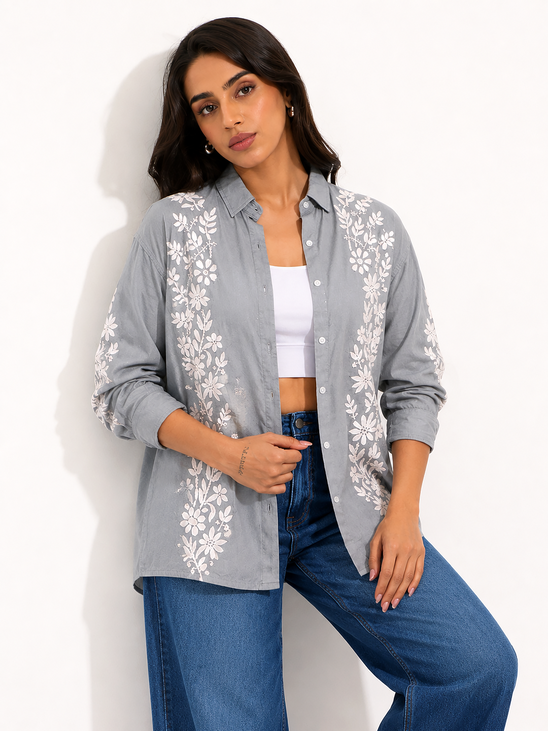 Anvika Rayon Chikankari Shirt - Grey