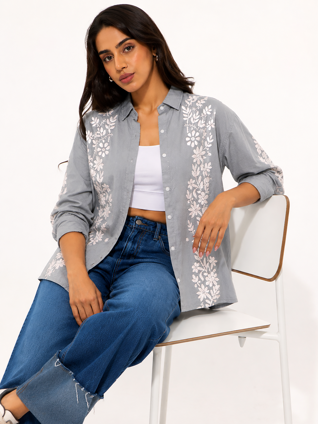 Anvika Rayon Chikankari Shirt - Grey