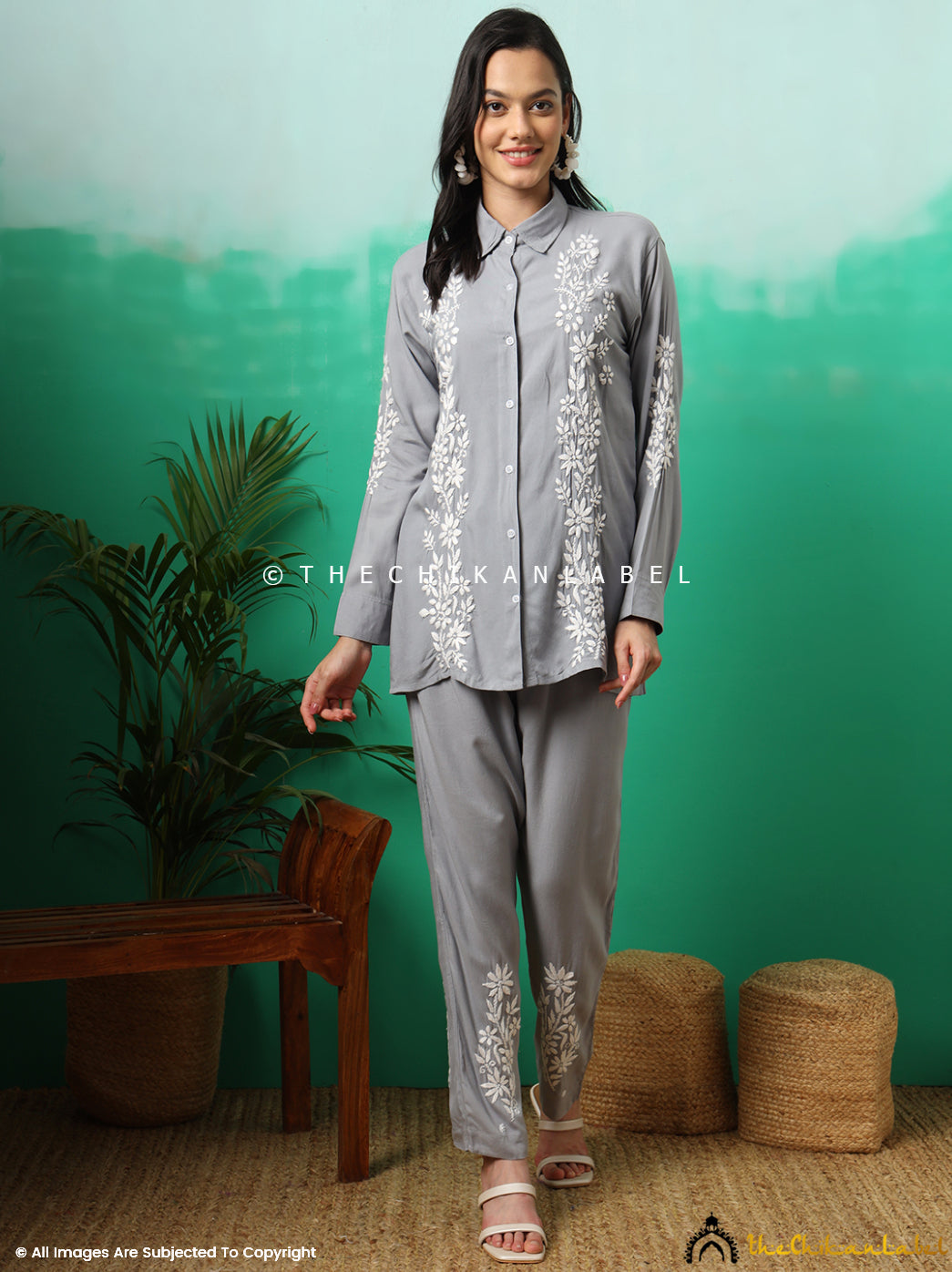 Grey Anvika Rayon Chikankari Co-ord Set