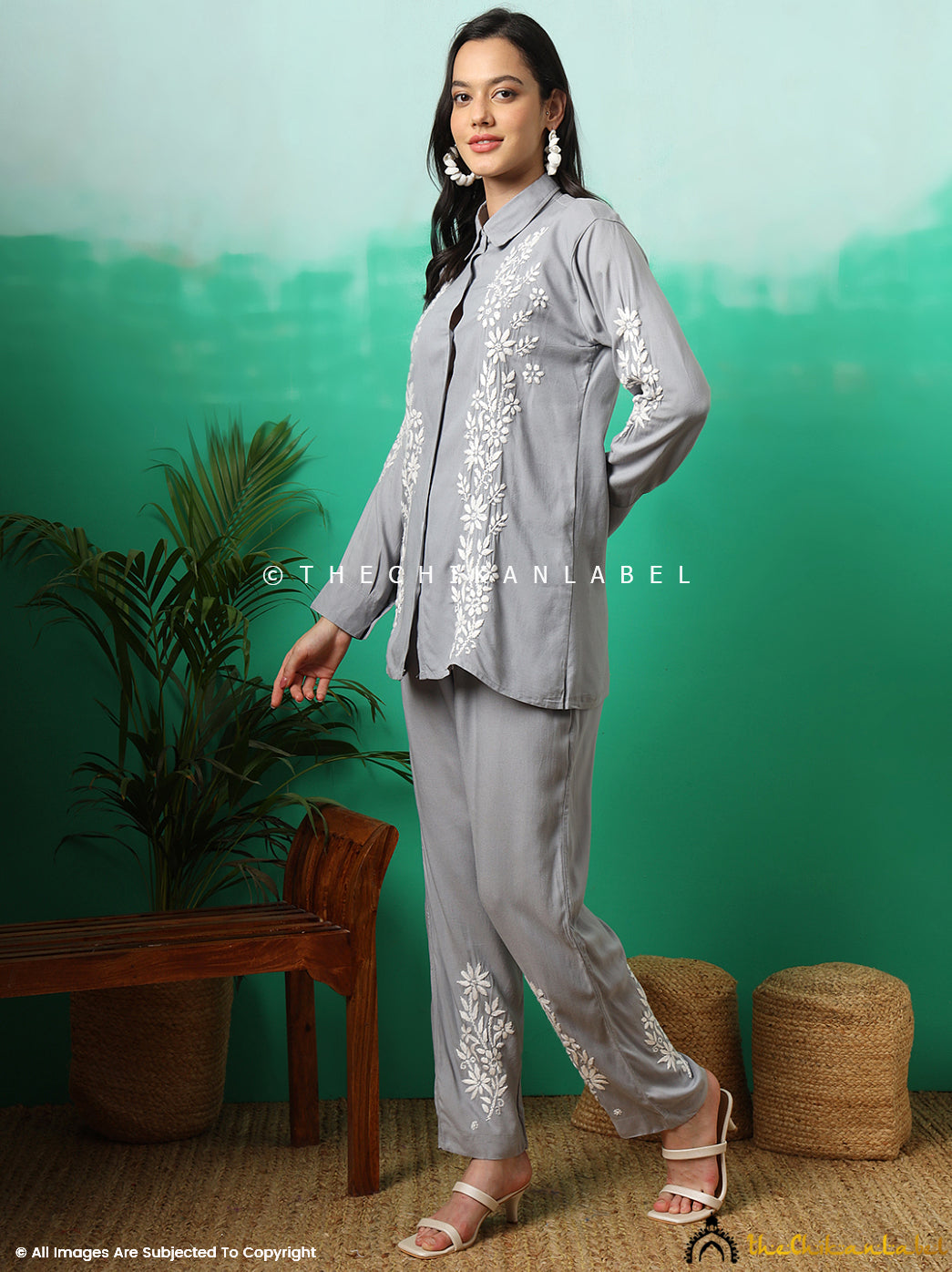 Grey Anvika Rayon Chikankari Co-ord Set