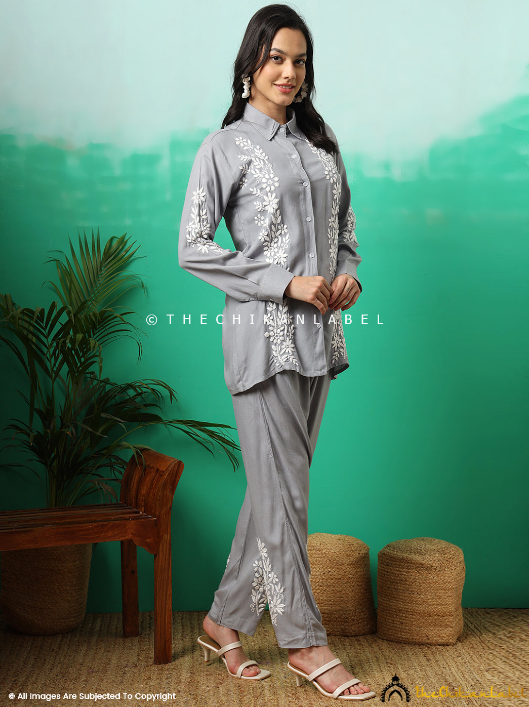 Grey Anvika Rayon Chikankari Co-ord Set