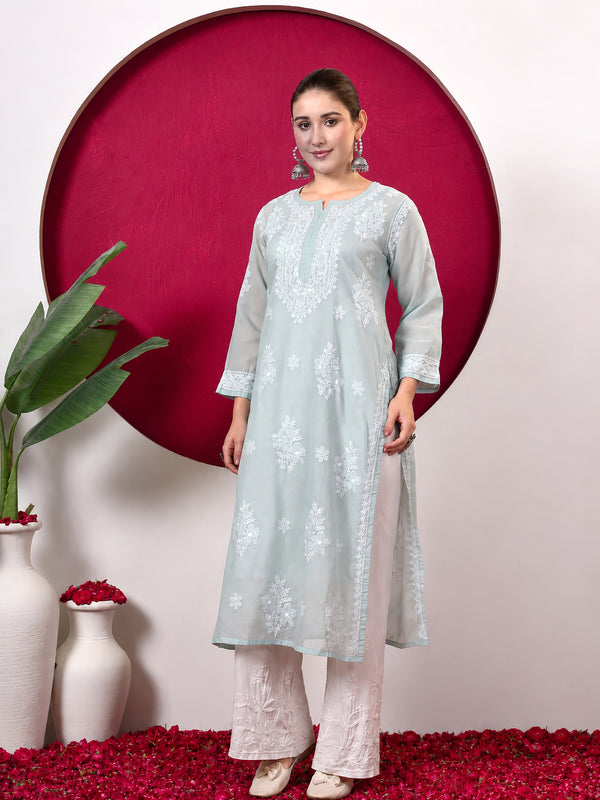 Chhavi Cotton Chikankari Straight Kurti with inner - Grey