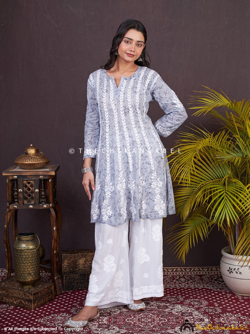 Grey Firosha Mulmul Chikankari Short Anarkali ,Chikankari Short Anarkali in Mulmul  fabric for Woman