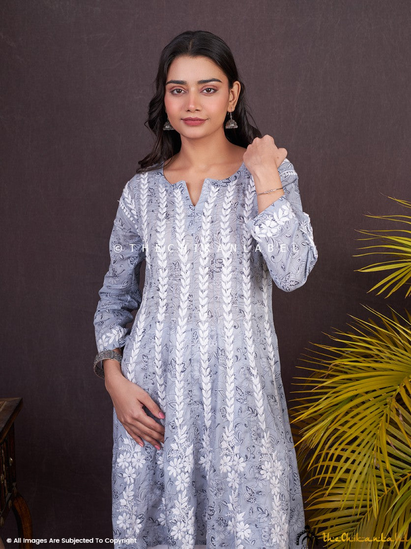 Grey Firosha Mulmul Chikankari Short Anarkali ,Chikankari Short Anarkali in Mulmul fabric for Woman
