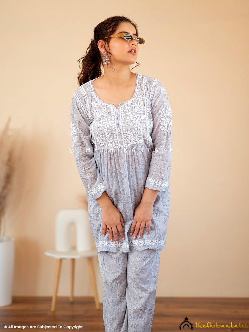 Grey Kavya Mulmul Chikankari Kurta Set